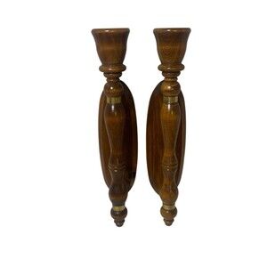 VTG Homco Turned Wood Wall Candle Sconces Gold Metal Trim